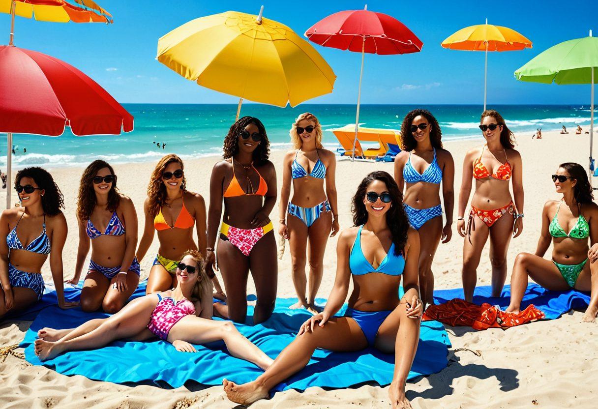 A colorful beach scene showcasing women of various body types confidently wearing stylish bikinis. Include diverse patterns and styles, such as retro, high-waisted, and sporty designs. Add sunbathers lounging with beach umbrellas, while some engage in fun activities like beach volleyball and swimming. Bright sunshine and a clear blue sky to enhance the uplifting vibe. super-realistic. vibrant colors.
