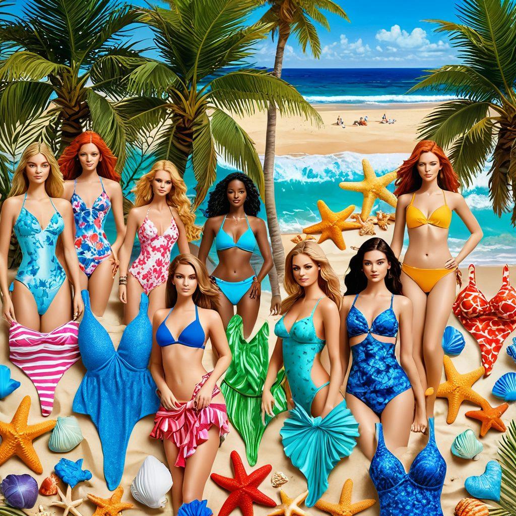 A whimsical beach scene featuring a variety of colorful bikinis and summer beachwear displayed on mannequins, surrounded by fabled creatures like mermaids and nymphs lounging under palm trees. The background showcases a shimmering ocean with waves gently lapping the shore, while the sky transitions from sunny blue to sunset hues. Include playful elements like starfish and seashells scattered on the sand. artistic and vibrant colors. painting.